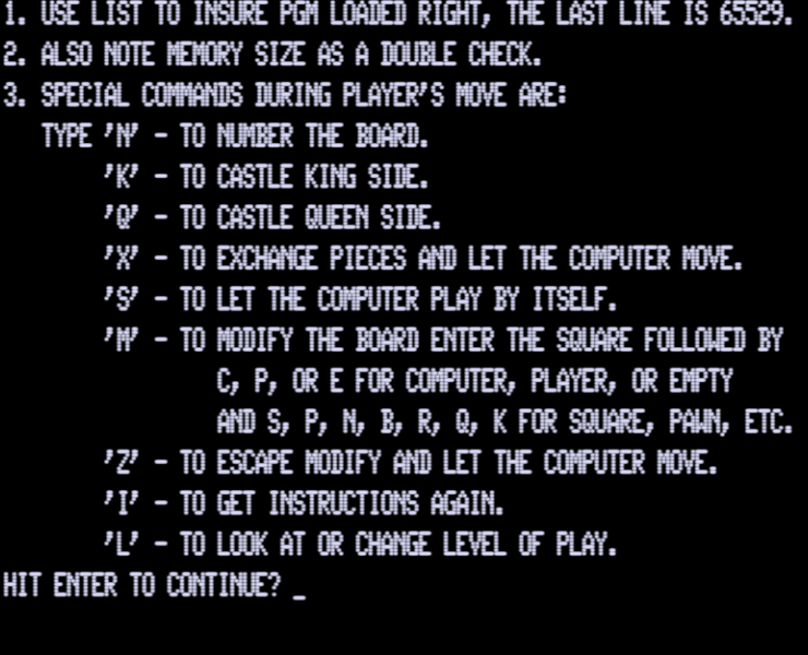 Chess (TRS-80) screenshot: First page of the pre-game instructions