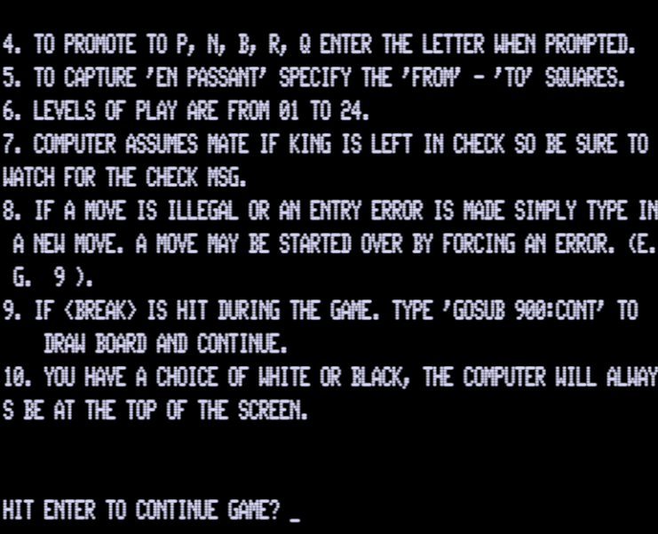 Chess (TRS-80) screenshot: Second page of instructions. The game has an impressive number of features for its age.
