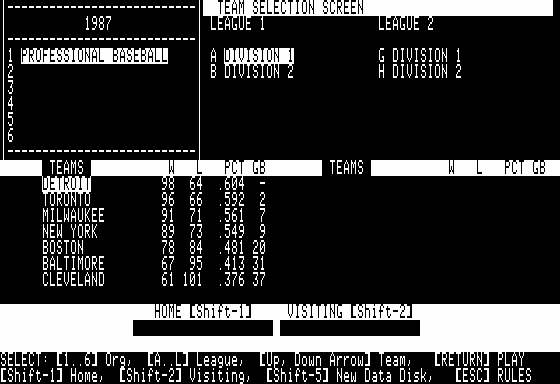 APBA Major League Players Baseball (Apple II) screenshot: Team Selection