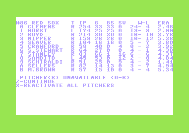 Full Count Baseball (Commodore 64) screenshot: Choosing your Pitcher