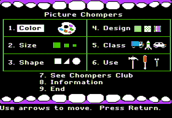Picture Chompers (Apple II) screenshot: Main Menu