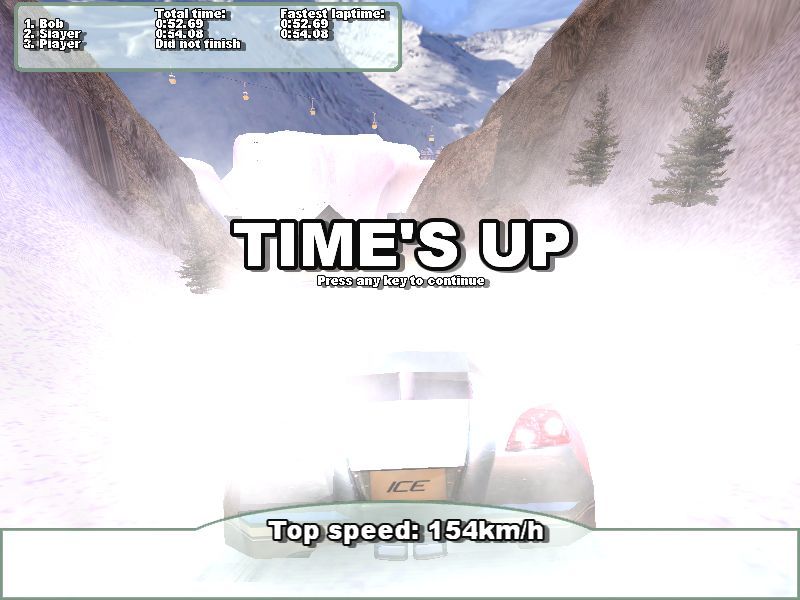 Glacier (Windows) screenshot: Time is up, race is over and my stats are displayed.