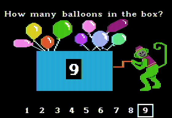 Math and Me (Apple II) screenshot: There are 9 Balloons in the Box