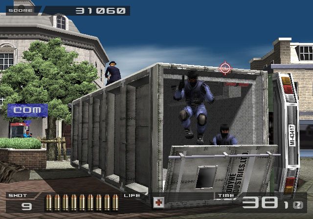 Time Crisis II (PlayStation 2) screenshot: Some enemies jumping out of a transporter.