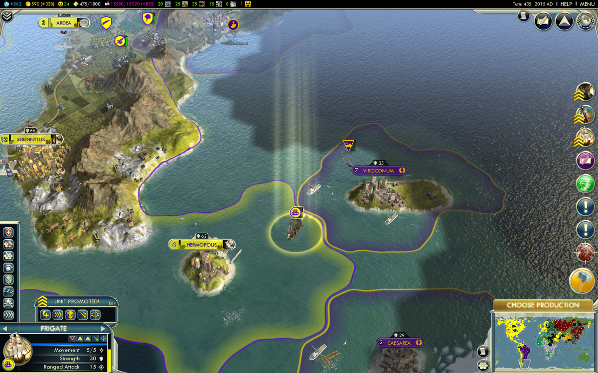 Sid Meier's Civilization V (Windows) screenshot: This Frigate has earned enough XP for a promotion.