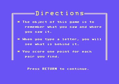 Memory Building Blocks (Commodore 64) screenshot: Directions