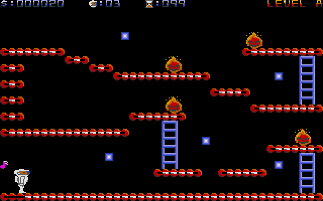 Robert in the Fire Factory (Atari ST) screenshot: Level 1: walking over the platforms (white bottom border) collects the stones required to complete the level (black bottom border)