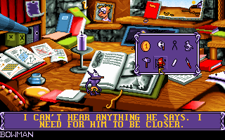 Goblins Quest 3 (DOS) screenshot: Miniature Were-Blount explores a desktop. Right is the inventory window.