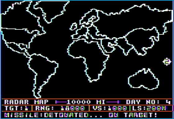 Epidemic! (Apple II) screenshot: Greeting a meteor... with a missile in the face.
