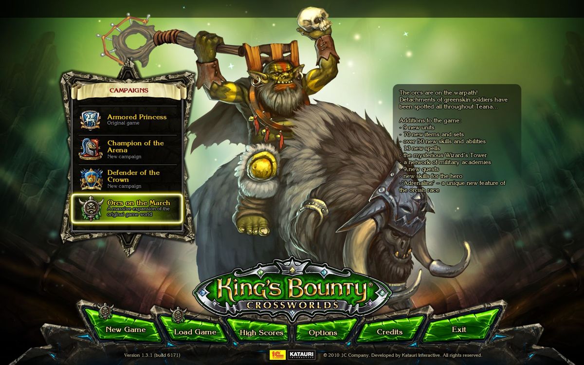 King's Bounty: Crossworlds (Windows) screenshot: Orcs on the March is Armoured Princess plus the new items, spells and enemies and all the rest listed on the screen.