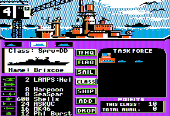 Strike Fleet (Apple II) screenshot: The Shipyard Preparing my Fleet