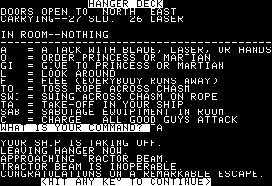 Space Adventure (Apple II) screenshot: Escaping the Flagship