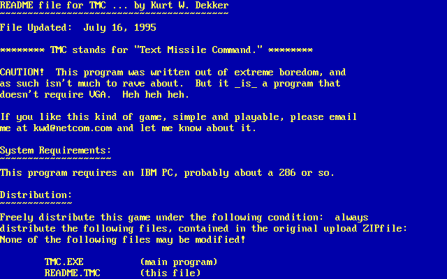 Dos Console Using Text Screenshot of Text Missile Command (DOS, 1995) - MobyGames