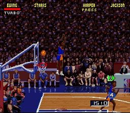 NBA Jam (SNES) screenshot: Misses the ball and it goes in