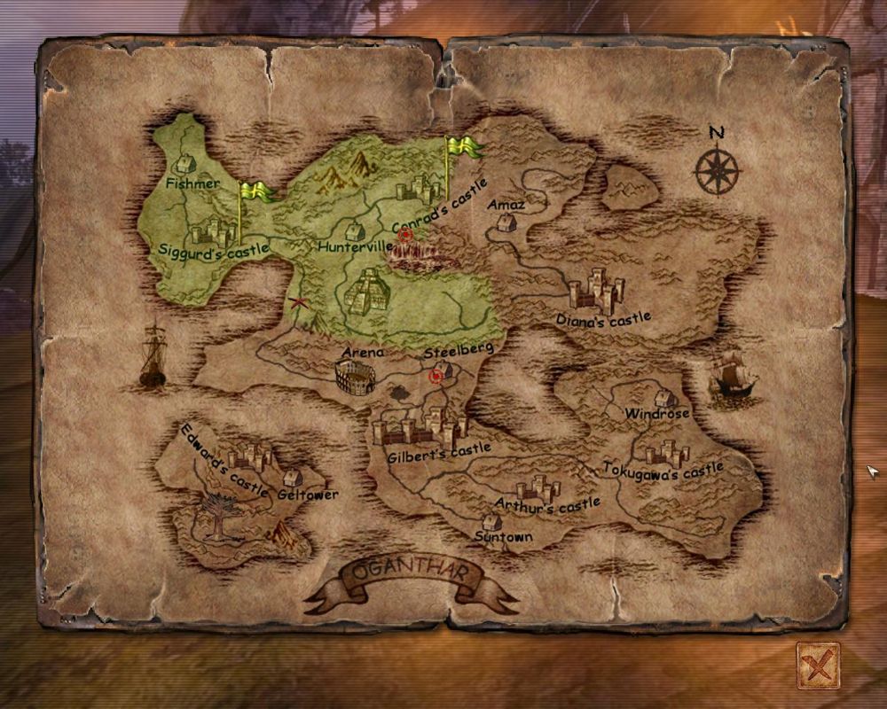 Ascension to the Throne (Windows) screenshot: Map, of Oganthar in this case. Conquered areas in green.