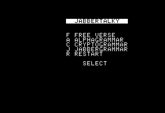 Jabbertalky (Apple II) screenshot: Main Menu