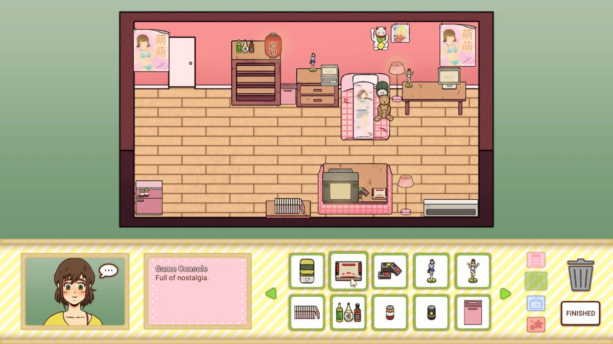 Hermit Home Designer (Windows) screenshot: When an item is selected its identity is shown in the pink box, lower left, sometimes with an additional comment. A few items trigger the speech bubble meaning there is further dialogue