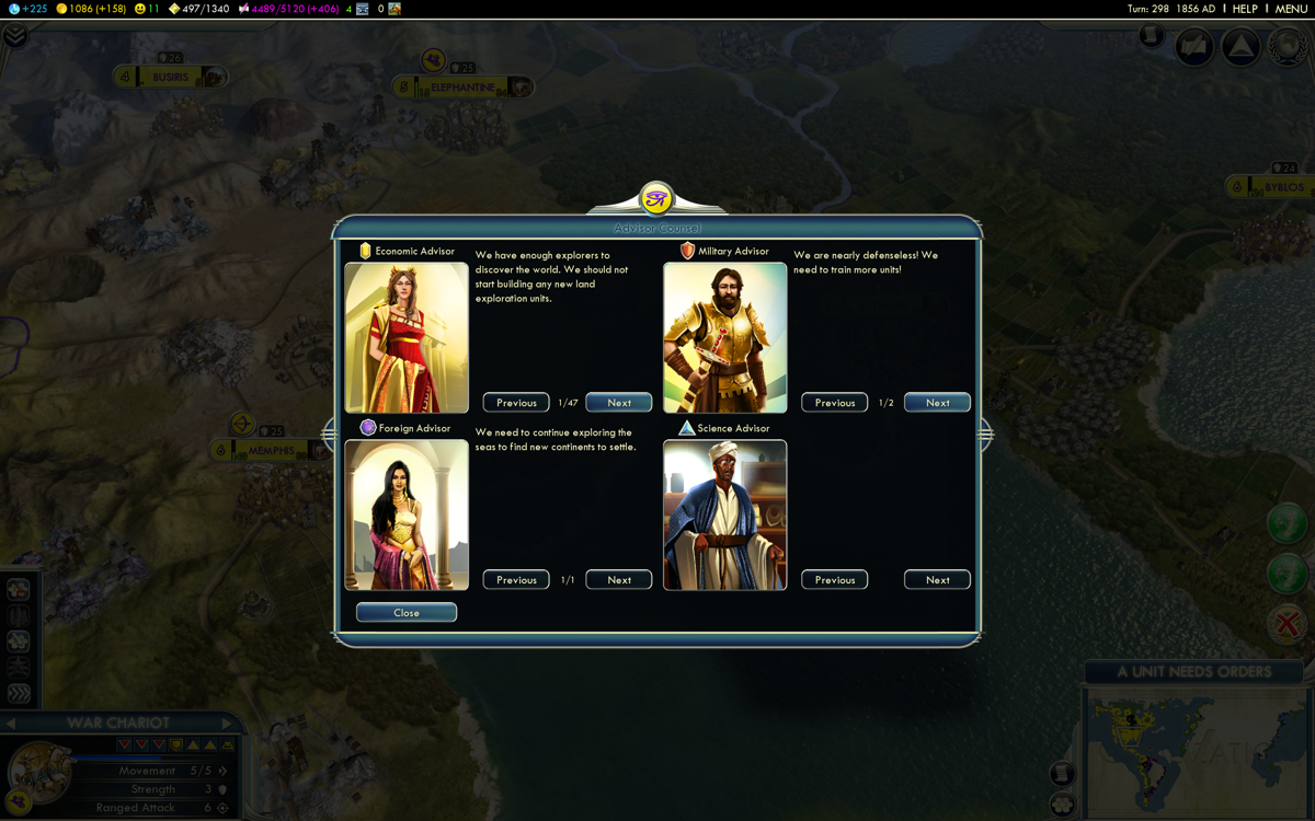 Sid Meier's Civilization V (Windows) screenshot: The advisors menu