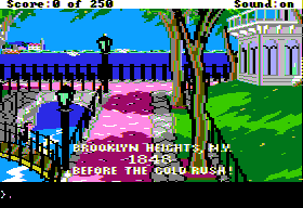Gold Rush! (Apple II) screenshot: Start of the game in Brooklyn, New York.