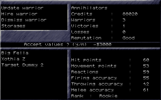 PaybackTime 2 (DOS) screenshot: About to hire a new warrior. The stats for each candidate are rolled randomly. The trick is that dismissing a candidate will cost as much as hiring him/her.