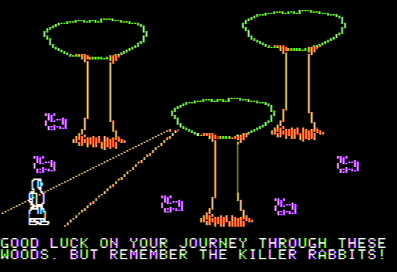 The Quest for the Holy Grail (Apple II) screenshot: Entering the Woods of Killer Rabbits