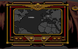 Rocket Ranger (Apple IIgs) screenshot: Tracking the Nazi Zeppelin on your wrist watch computer.