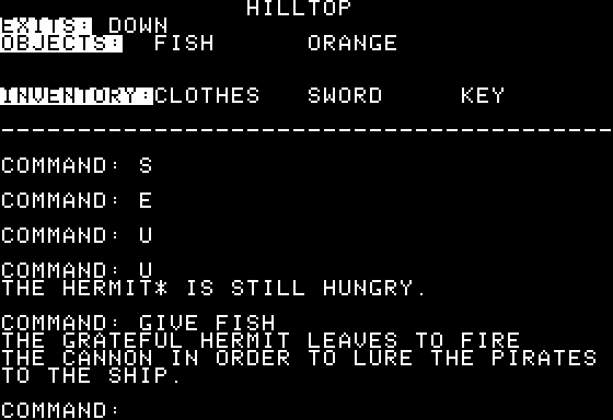 The Hangtown Trilogy (Apple II) screenshot: Pirate Island: I Cured the Hermit's Hunger and Scurvy