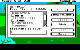 The Black Cauldron (Apple IIgs) screenshot: Save game menu.