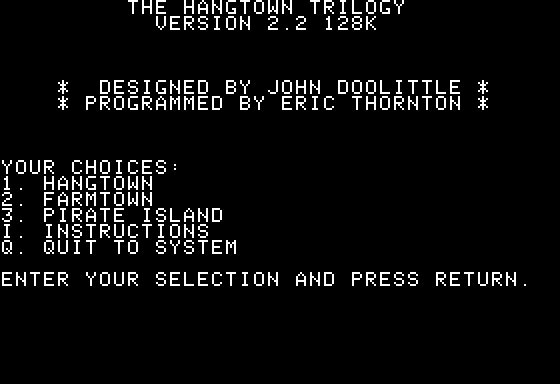 The Hangtown Trilogy (Apple II) screenshot: Main Menu