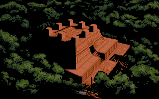 Rocket Ranger (Apple IIgs) screenshot: Flying down to the Nazi jungle base.