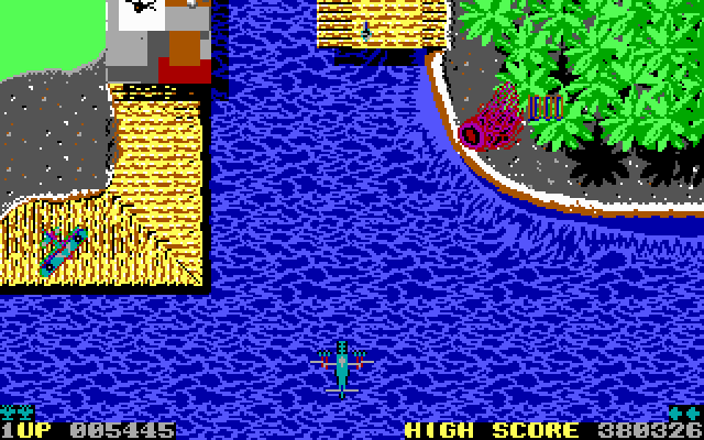 Sky Shark (DOS) screenshot: bombing enemy planes - EGA
