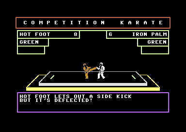 Competition Karate (Commodore 64) screenshot: Hot Foot's Side Kick is Deflected