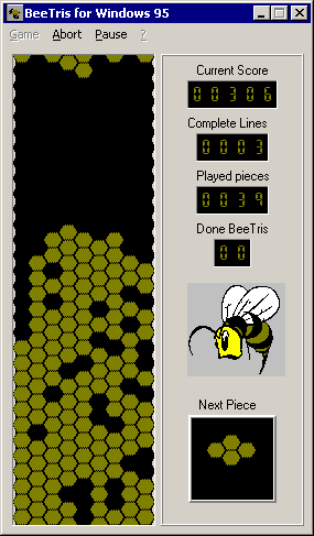 BeeTris (Windows) screenshot: A partly completed game. When the screen fills up a 'Game Over' message pops up in a small window
