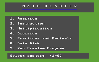 Math Blaster! (Commodore 64) screenshot: Options screen for deciding what sort of math to train