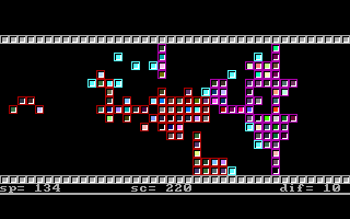 Berlin Wall (DOS) screenshot: Here the purple player on the right has just completed a vertical line. This is quickly removed and all blocks to the right of that line 'fall' one square towards the centre