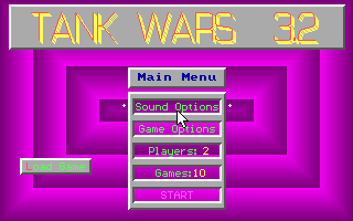 Tank Wars (DOS) screenshot: The game's main menu. The name is Tank Wars, the version is 3.2
