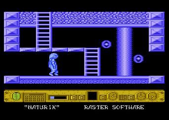 Naturix (Atari 8-bit) screenshot: In game screen from the purple part of the world