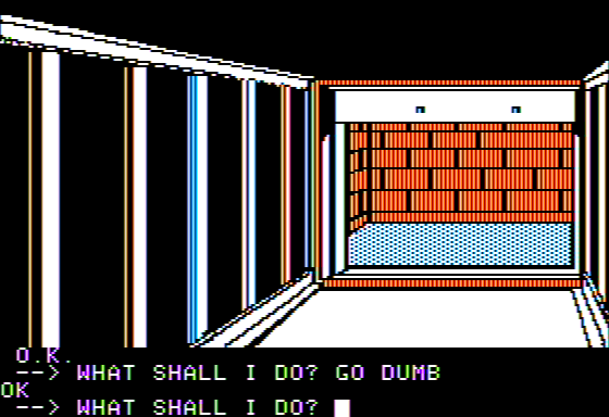 Scott Adams' Graphic Adventure #5: The Count (Apple II) screenshot: Hiding in a Dumb-Waiter