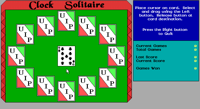 Clock Solitaire (DOS) screenshot: After an animated deal with sound effects the cards are ready for the start of a game.The nine in the centre needs to be dragged to the corresponding position on the clock face