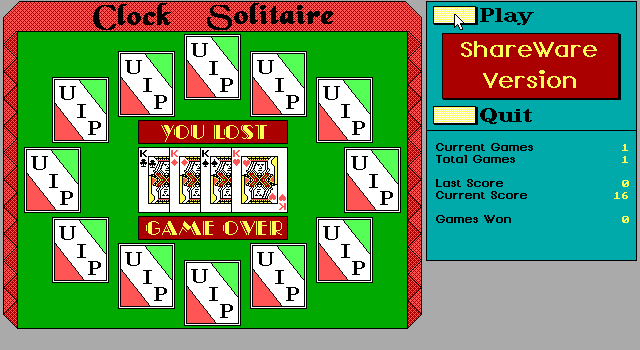 Clock Solitaire (DOS) screenshot: Game Over. The game leaves the player in no doubt whether they have won or lost