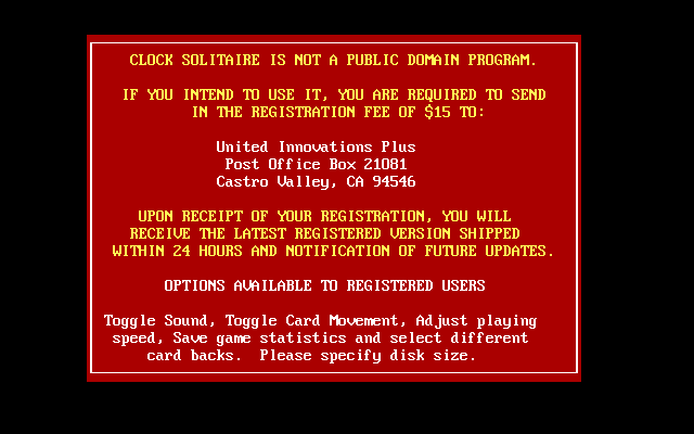 Clock Solitaire (DOS) screenshot: The game displays its shareware reminder as the player exits