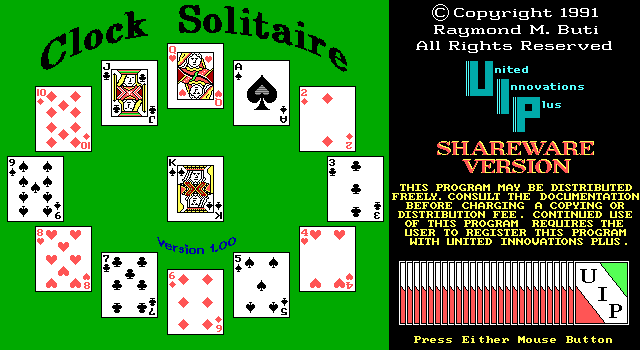 Clock Solitaire (DOS) screenshot: The game's title screen
