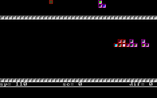 Berlin Wall (DOS) screenshot: A match in progress. Pieces that are dropped can fly off the end of the screen at the other side so at some point players must arrange for their pieces to collide to provide a starting point