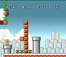 Super Mario All-Stars + Super Mario World (SNES) screenshot: What awaits you in the top of this extense plant? Only has a way to know...