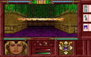 Escape from Ragor (DOS) screenshot: An energy barrier. Thankfully the button to power it down is nearby.
