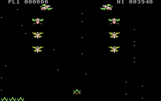 Galaxions (Commodore 16, Plus/4) screenshot: Here come the aliens