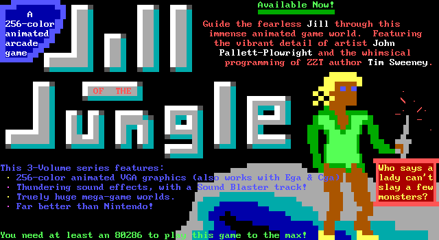 <small>Jill of the Jungle (DOS) screenshot:</small><br> This is how Jill Of The Jungle appears in Epic's 1992 catalogue