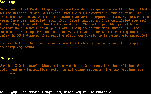 Armchair Quarterback (DOS) screenshot: Strategy and the difference between version 1 & version 2