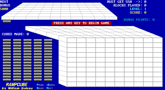 Rampcube (DOS) screenshot: The game area at the start of a game. Tiles slide down the ramp at the top of the screen and must be assembled in the lower 10 x 10 grid