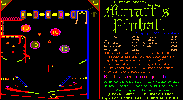 Moraff's Pinball (DOS) screenshot: A game in progress EGA format